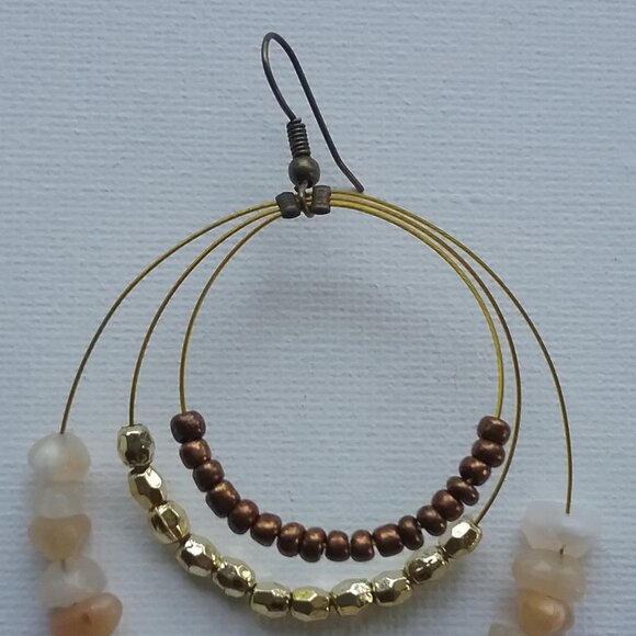 Large Boho Hoop Earrings Gold, Brown, & Natural Beads - Pre Owned - Picture 3 of 3